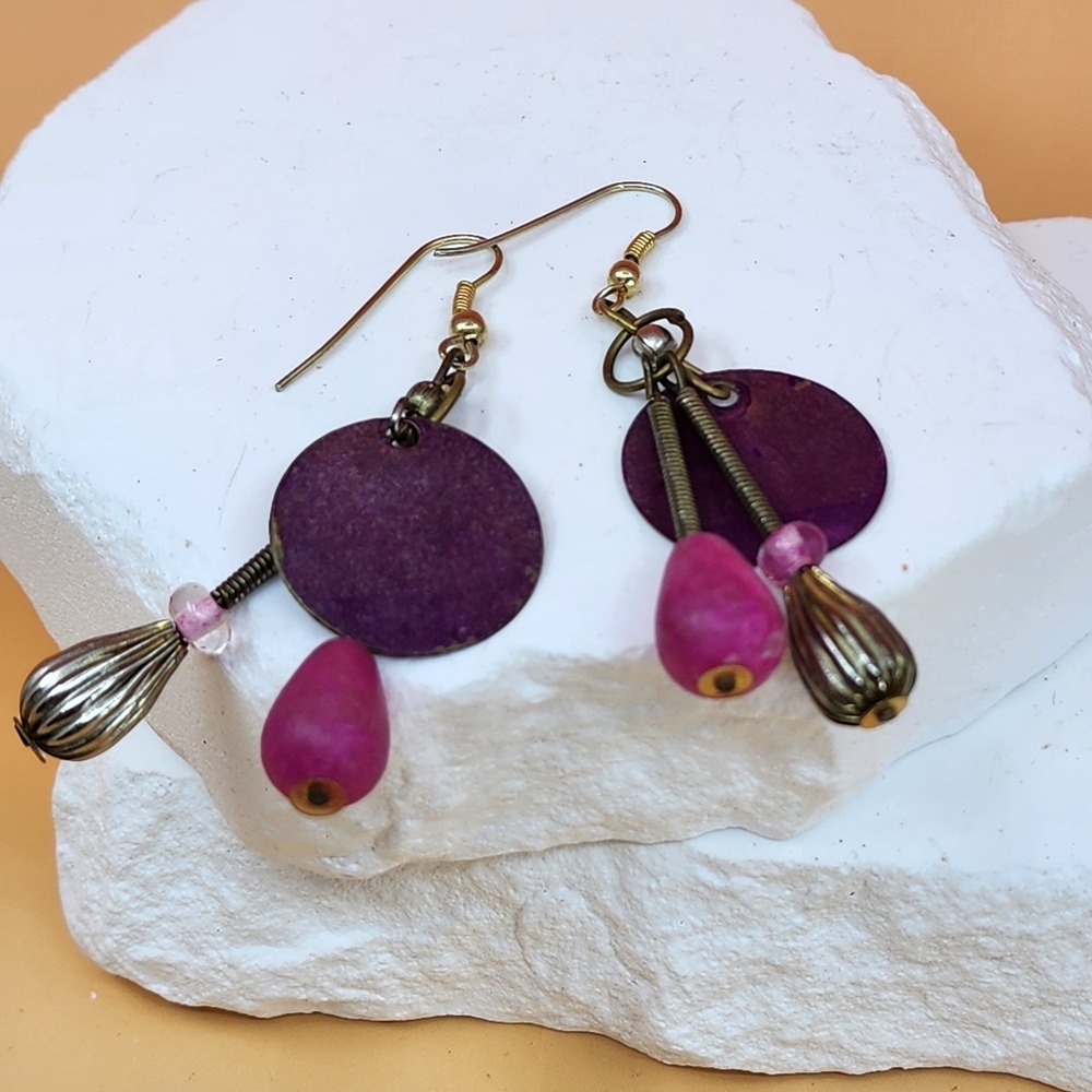 Purple Disc Pink Teardrop Bead Dangle Earrings Mixed Metal Boho Artisan Vintage